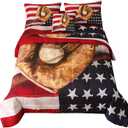 6 Pieces Baseball American Flag Comforter Sets,3D Baseball Pattern,Decorative 6 Piece Bedding Sets with Comforter,Flat Sheet,Fitted Sheet,Throw Pillow Cover,Pillow Shams,Twin Size