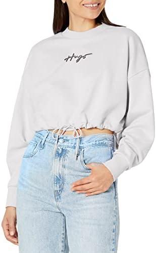 HUGO Women's Script Logo Cropped Sweatshirt with Adjustable Drawstring, Large