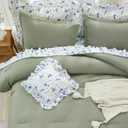 WONGS BEDDING Comforter Set Full, 8 Pieces Farmhouse Bed in a Bag Full, Bedding Set Full Size with Sage Green Comforter, Ruffle Floral Pillowcases & Flat Sheet, Floral Fitted Sheet