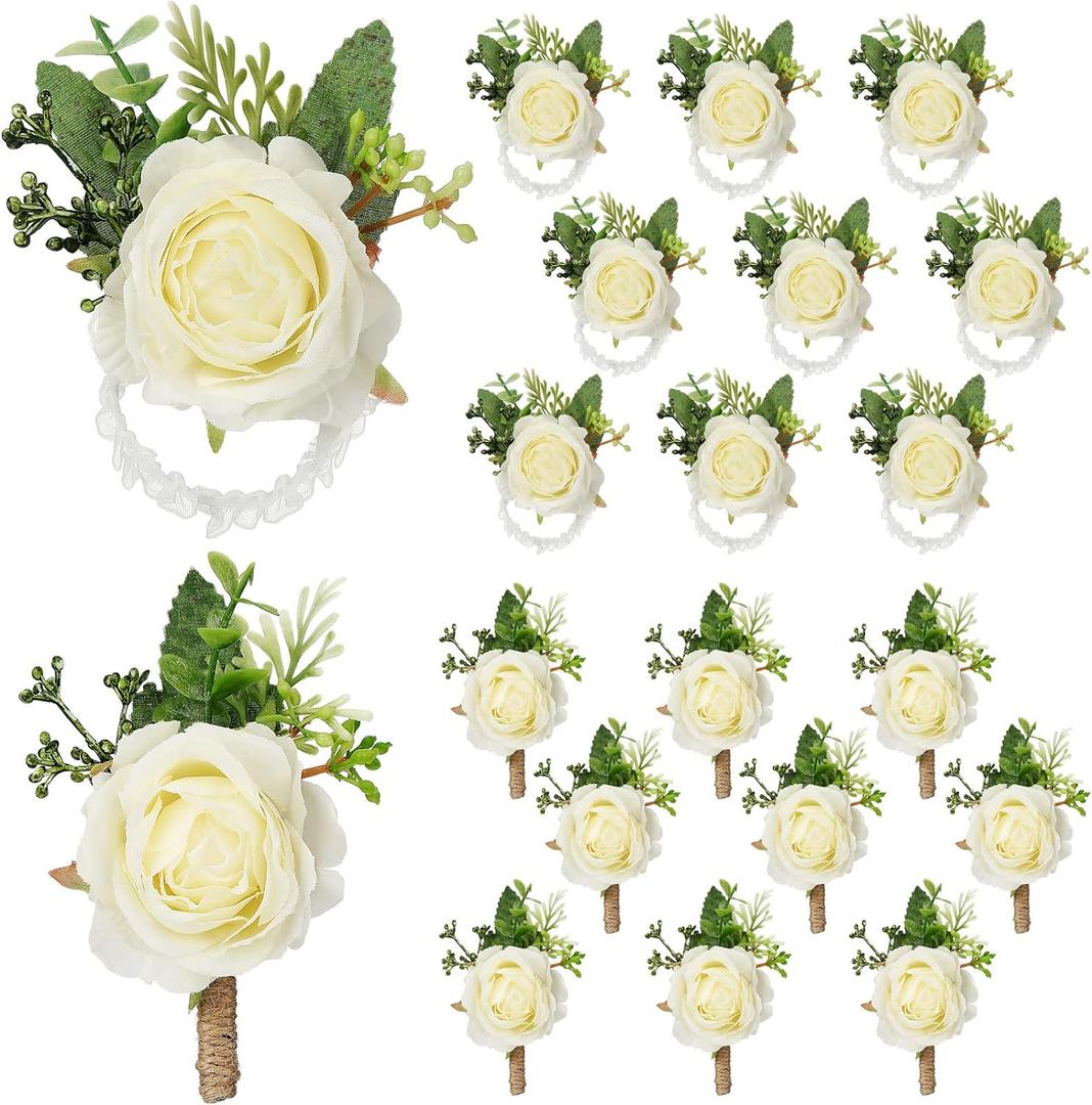 Sherr 20 Pcs Rose Wrist Corsage and Boutonniere Set Flower Wrist Corsage Wristlet Band Bracelet Bridegroom Men's Boutonniere Wedding Wristlet Hand Flower for Prom Party Bouquets (White)