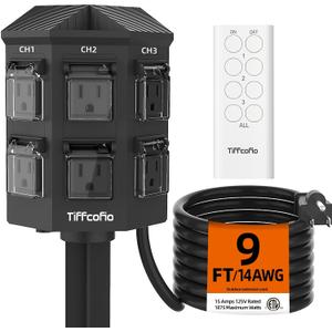 Outdoor Remote Control Power Strip, 9FT Extension Cord Waterproof, Independent Control Outlets, 6 Grounded Outlets for Outdoor Decorations, 14 AWG, 15A/1875W, ETL Listed (9 FT)