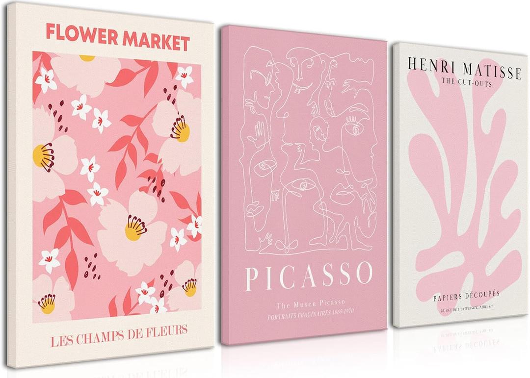 Djmwtb Matisse Picasso Abstract Canvas Wall Art Framed Set of 3 Pink Flower Market Poster Prints Aesthetic Pictures Modern Minimalist Wall Decor Painting for Living Room Bedroom Bathroom 16"x24"x3
