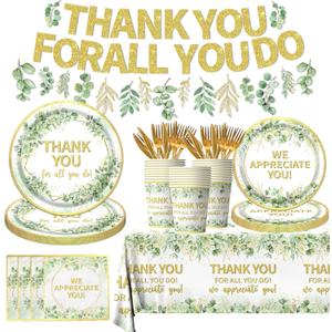 We Appreciate You Decorations - Sage Green Thank You Party Plates,Napkins,Banner Spring Eucalyptus Thank You for All You Do Table Decoration for Employee Teacher Graduation Appreciation Party