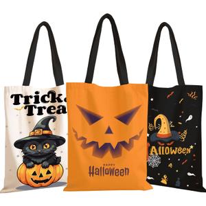 TYL&TYS Halloween Treat Bags, 3Pcs Trick or Treating Bags, Halloween Candy Canvas Tote Gift Bag, Reusable Grocery Boo Basket for Kids