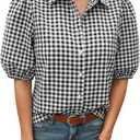 Tankaneo Women's Button Down Shirts Short Puff Sleeve Collared Dressy Casual Blouse Tops XX-Large, Black Plaid
