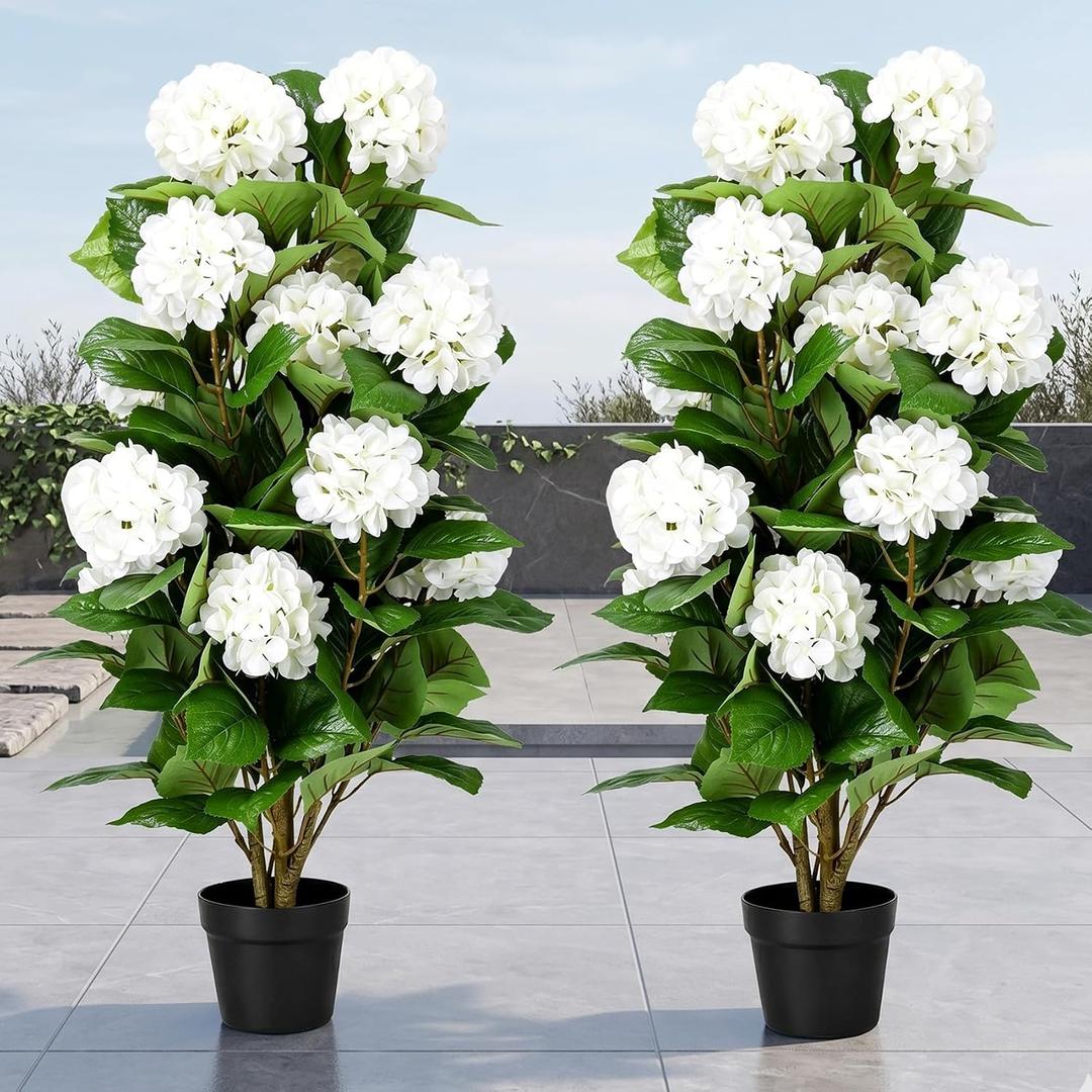 Faux Hydrangea Tree 35.5" Tall (2 Pack), Artificial Hydrangea Plant in Pot with White Flowers, Realistic Fake Hydrangea Tree for Indoor Outdoor Porch, Patio, Entryway & Home Decor