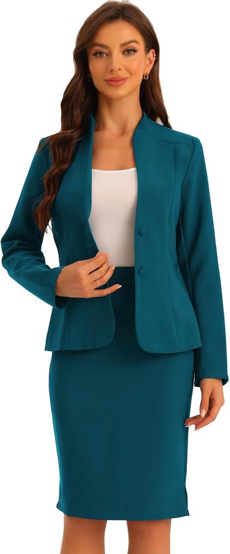 Allegra K 2 Piece Suit Skirt Set for Women's Business Formal Collarless Blazer and Pencil Skirts (Large)