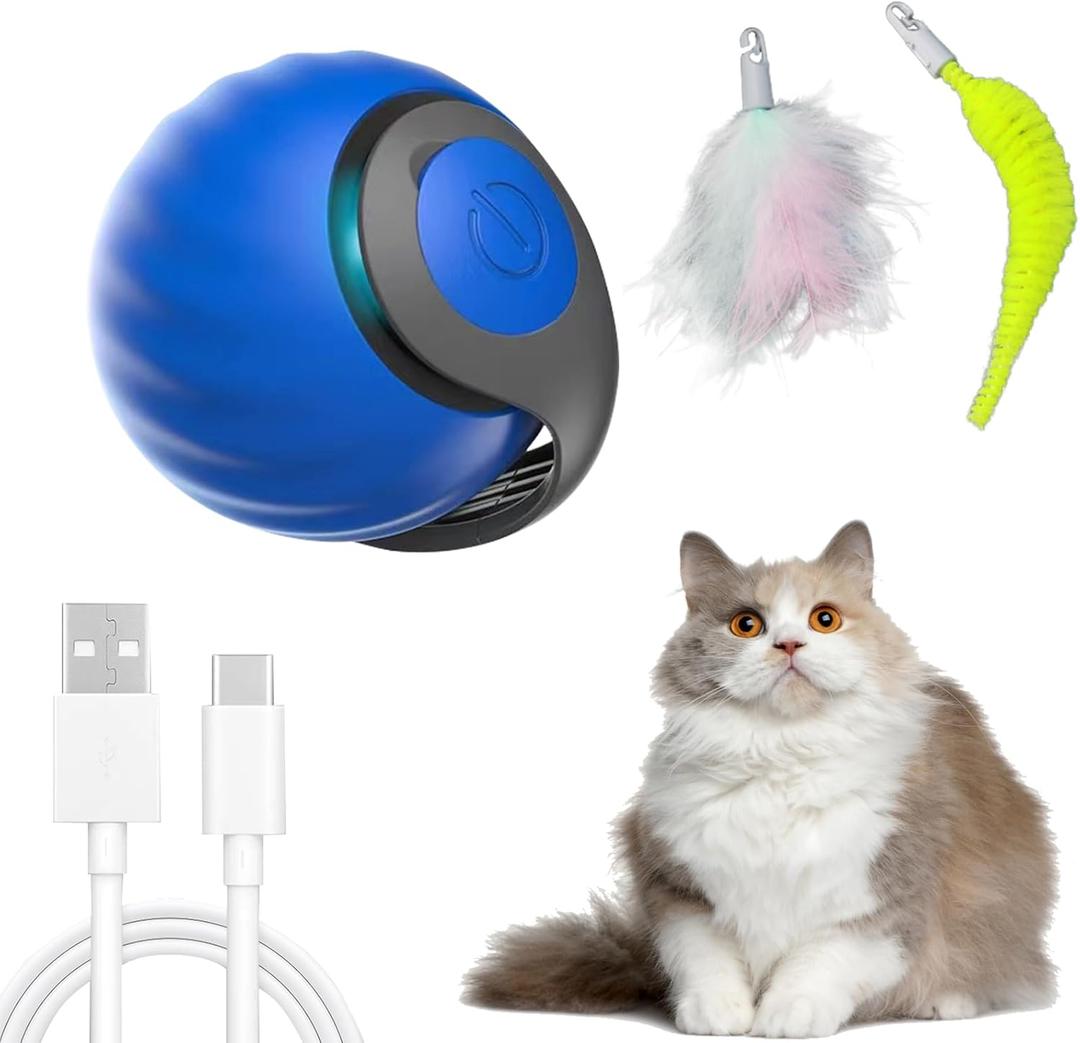 Interactive Cat Toy Ball, Automatic Moving Cats Ball Toy with Feather, Indoor Smart Cat Toys, Motorised Cats Balls Toy for Chasing & Hunting (Blue)