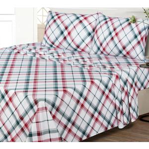 RUVANTI Flannel Sheets Queen Size - 100% Cotton Brushed Bed Sheet Sets - 88 x 101 inch - All Seasons Breathable & Super Soft - Warm & Cozy - 4 Pcs - Red & Green Cross