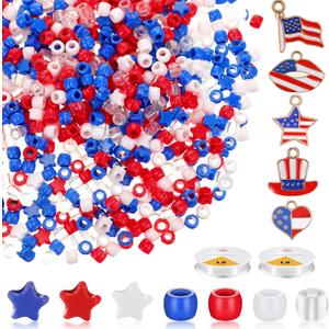 Hanaive 2100 Pcs 4th of July Red White Blue Pony Beads Patriotic Plastic Pony Beads with American Flag Charms Pendant for Craft Independence Day Star Beads DIY Bracelet Necklace for Jewelry Making