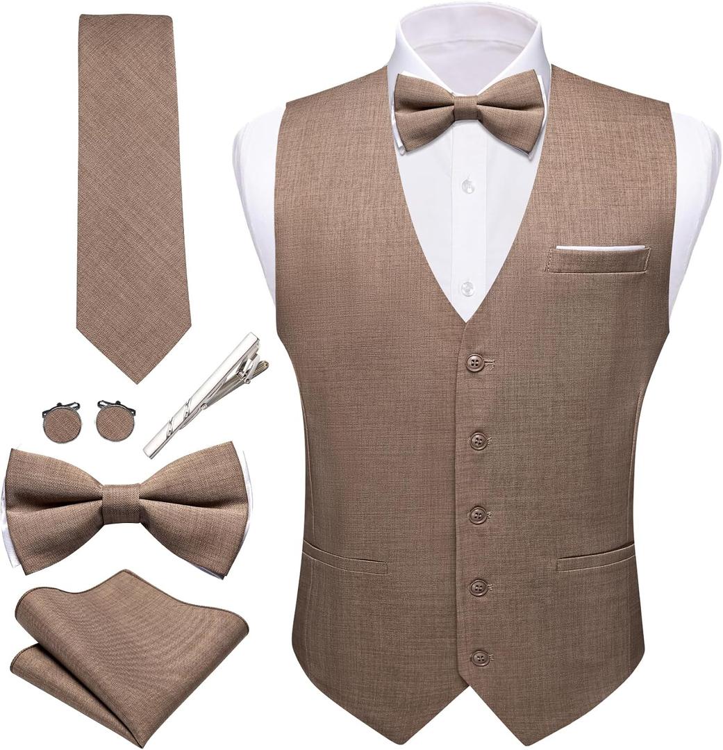 Barry.Wang Mens Suit Vest Linen Formal/Casual V-neck Waistcoat Tie Bow Tie Set Solid Color 6PC Wedding Party Tuxedo (Brown, S)