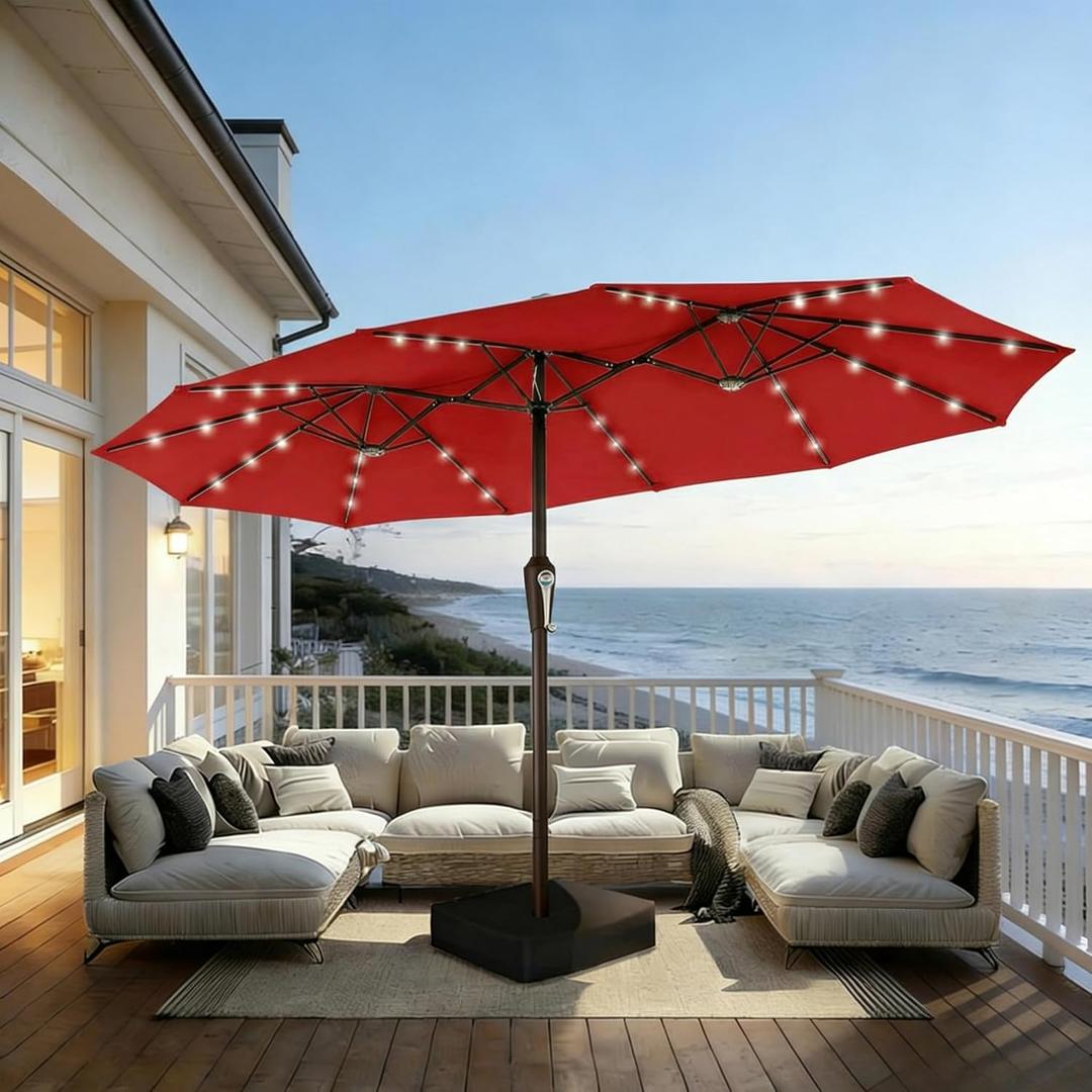 15FT Patio Umbrella with Solar Lights, Double-Sided Extra Large Outdoor Table Umbrella with Base Included, Heavy-Duty 12 Iron Ribs Market Umbrella for Garden, Pool, Backyard, Red