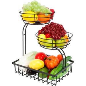3 Tier Countertop Fruit Vegetable Basket Bowl Storage, Solid Metal Kitchen Counter Organizer for Storing Fruits, Veggies, Bread, Snacks (Black)