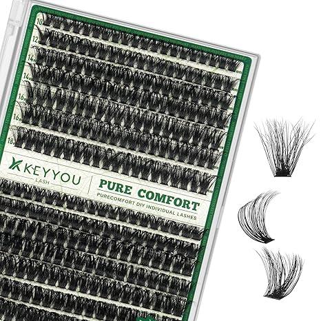 KEYYOU LASH clusters 144Pcs D Curl Angel Eyelash Extension Thick Wispy Natural Band Lash with Waterproof DIY Lash Extension at Home（Angel A01D818MIX）