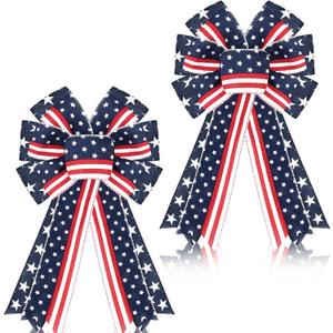 Unittype 2 Pcs Memorial Day Patriotic Bow Red White Blue Wreath 4th of July Star Burlap American Flag Bow for Indoor Outdoor Tree Topper Independence 250th Anniversary Party Decoration (Rustic)