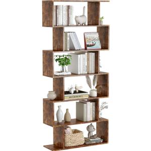 Yusong Geometric Bookcase, Bookshelf 6-Tier S Shaped Book Shelves for Bedroom, Modern Wood Decorative Display Shelf Tall Book Case for Home Office, Rustic Brown, 27.8"W x 9.4"D x 74"H