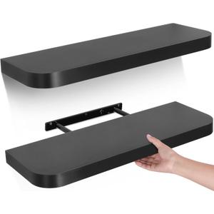 Gronda Black Floating Shelves for Wall, 24 Inch Wall Mounted Wood Shelf Set of 2, Modern Home Decor Storage Large Shelf Long Heavy Duty for Bathroom, Bedroom, Kitchen, Office, Living Room