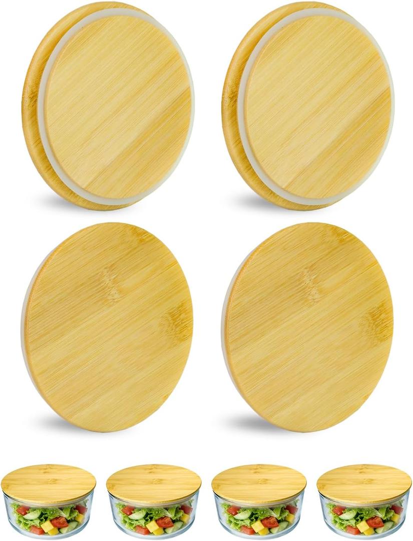 Replacement Wooden Lids for Pyrex, Anchor Hocking Glass Containers 7200 * 4, Bamboo Lids for Pyrex 2Cup Glass Bowls, Bowl Covers with Leakproof Silicone Gasket 4 Pack