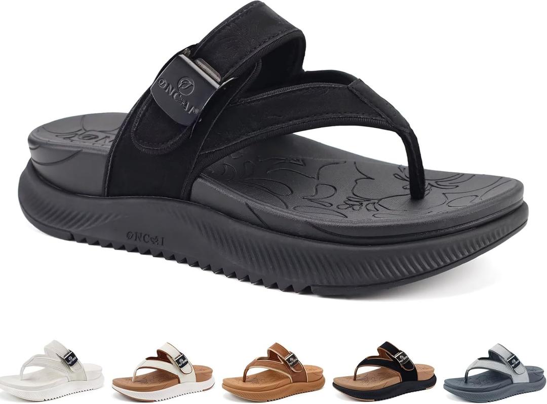 ONCAI Women's Orthopedic Platform Flip Flops with Arch Support Summer Beach Dressy Trendy Walking Sandals and Thick Outdoor Rubber Soles (8, Black)
