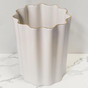 White and Gold Ceramic Fluted Small Bathroom Trash Can 2 Gal - Luxury Stone Trash Can-Heavy & Decorative Garbage Bin for Bathroom, Kitchen, Office, Bedroom & Living Room Corner (White and gold)