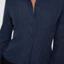 ECHOINE Women Button Down Shirts Long Sleeves Slim Fitted Casual Collared Blouses Work Striped Tops (Blue, M)