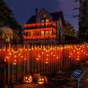 Halloween Spider Web Lights Outdoor, Solar Light up Cobweb String Lights with 60LED Lights, Spiderweb Curtain Fairy String Lights for Halloween Decorations Fireplace Porch Window Garden (Orange)