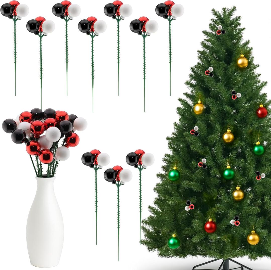 10 Pcs Christmas Ball Ornaments 7.9 Inch Red Green Gold Christmas Tree Picks for Holiday Wedding Vase Fillers Xmas Tree Topper DIY Wreath Crafts Decor (Red,White,Black)