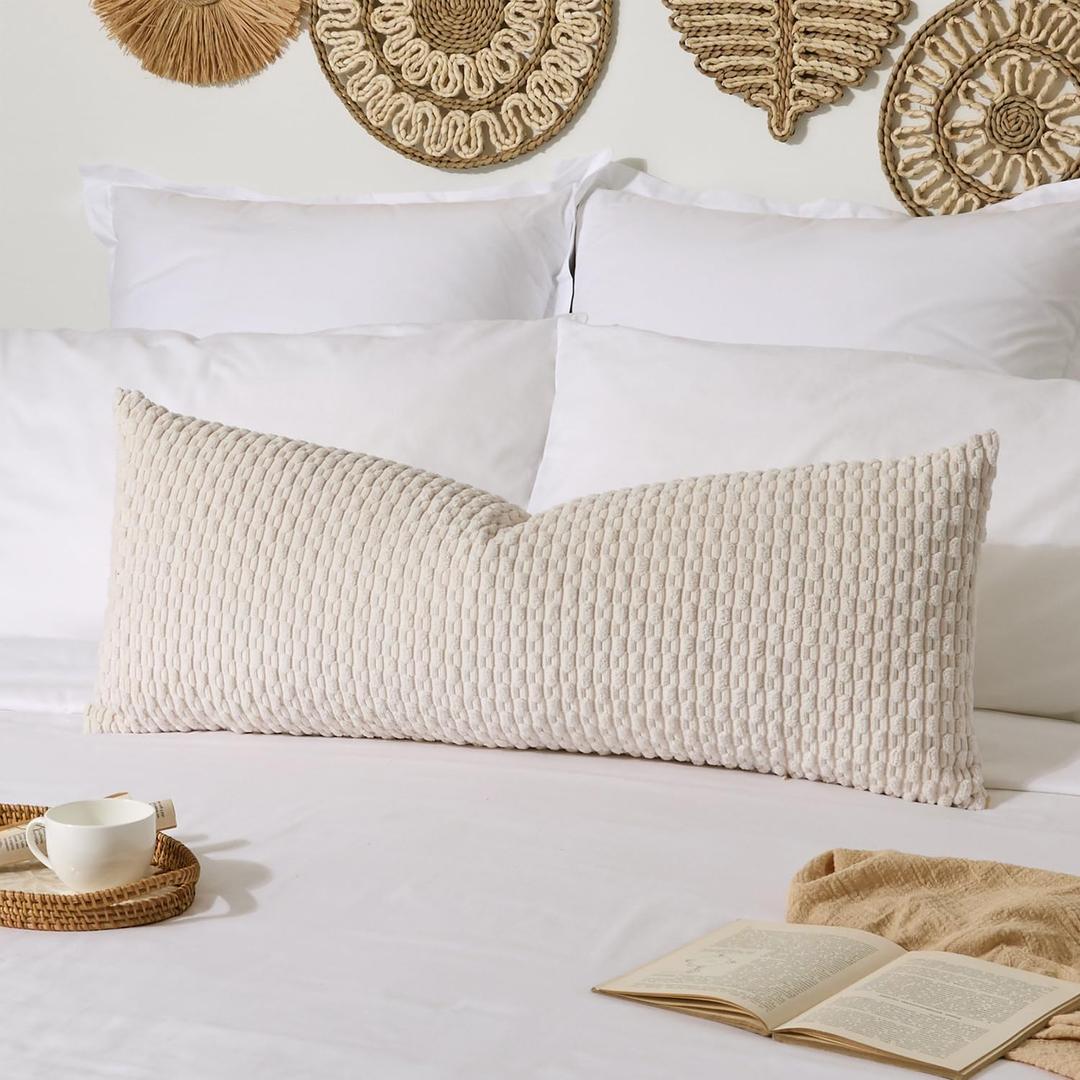 Kevin Textile 14x36 Inch Long Lumbar 1 Pack Boho Decorative Throw Pillow Cover Soft Striped Corduroy Rectangle Cushion Case Farmhouse Solid Color Accent for Living Room Couch Sofa Bed, Cream White