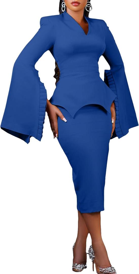 Voghtic Women Peplum Bodycon Pencil Dress Business Office Wear to Work Sheath Dress v Neck Ruffle Sleeve Church Dresses (3X-Large, Blue)