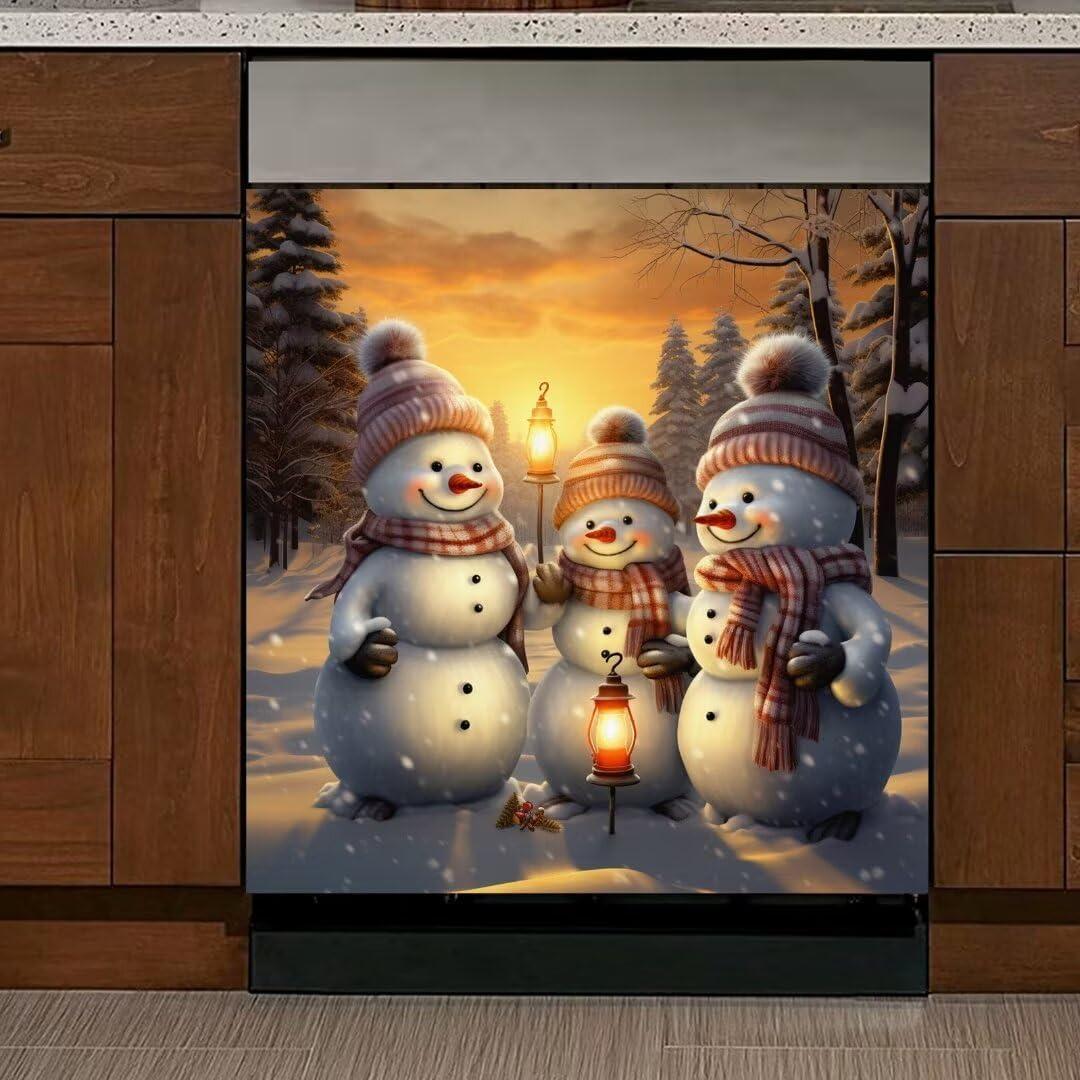 Winter Snowman Magnetic Sticker Dishwasher Cover,Country Merry Christmas Snow Landscape Kitchen Decor Art Dishwasher Magnet Cover,Refrigerator Magnets Dishwasher Decal23" Wx26 H