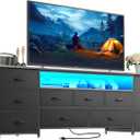 Huuger 63 Inch TV Stand for 65, 70 Inch TV, 11 Drawer Long Dresser with Power Outlets and LED Lights, Entertainment Center with Storage, Grey Dresser with PU Leather Surface (63*13*26.8 Inches)