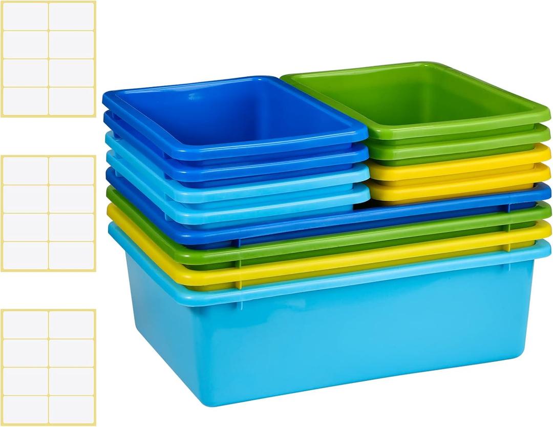 Zonon 12 Pcs Plastic Cubby Bins Office Storage Container Storage Bins Plastic Organization with 1 Pack Self Adhesive Label for Library Office Home Nursery(Cute Colors)
