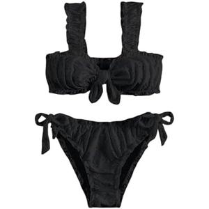 SHENHE Women's 2 Piece Cute Ruffle Swimsuit Knot Front Eyelet Tie Side Cut Bikini Set, M