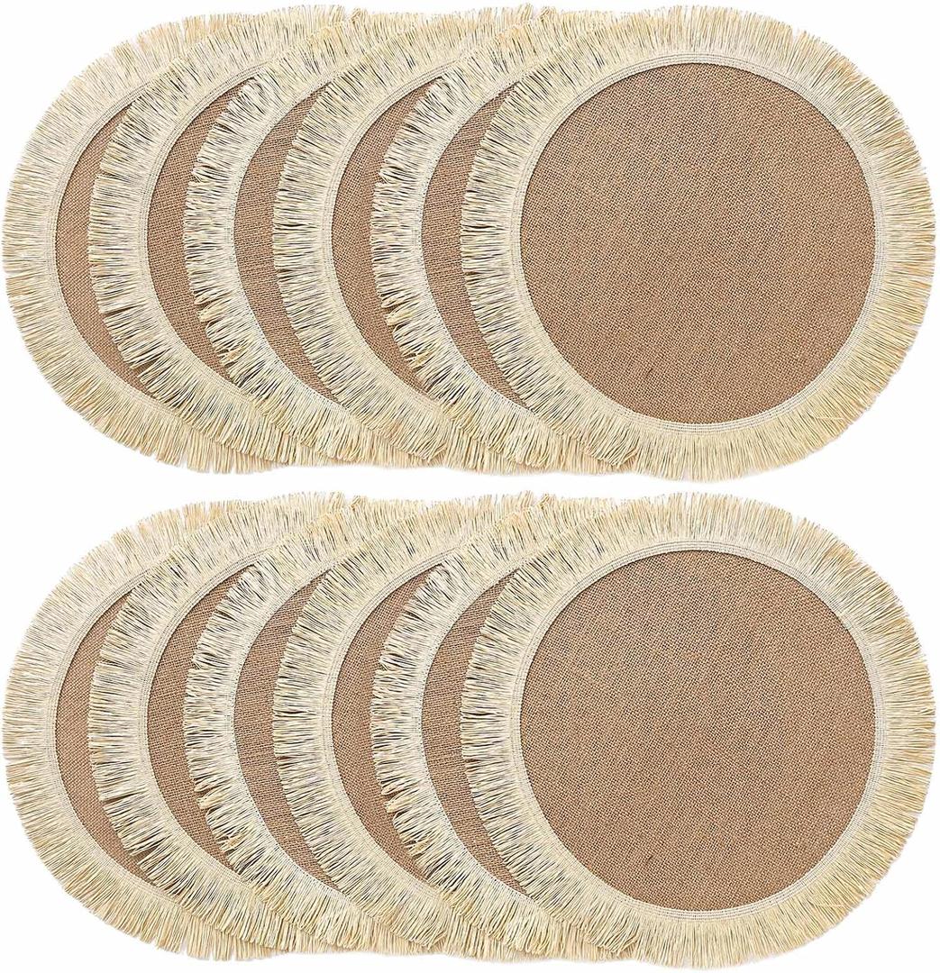 FunWheat Burlap Round Braided Placemats Set of 12 for Dining Tables 15 Inch Heat Resistant Jute Table Mats Farmhouse Woven Fabric Natural Place mats for Fall Decorations Indoor Outdoor(Beige)