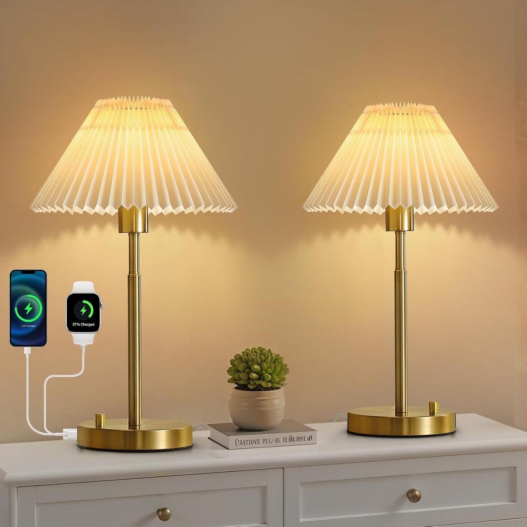 Bedside Table Lamp Set of 2: Dimmable Nightstand Bedside Lamps with USB A and C Ports, Modern Metal and Pleated Fabric Shade Gold Desk Lamp for Home Office Bedroom Living Room Reading