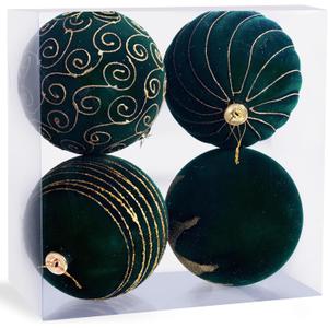 Large Velvet Christmas Ornaments, 5.9" Green Velvet Christmas Ornaments Balls 4 pcs Decorative Baubles for Christmas Tree, Big Dark Grenn Xmas Balls for Holiday Yard Home Party Xmas Decoration