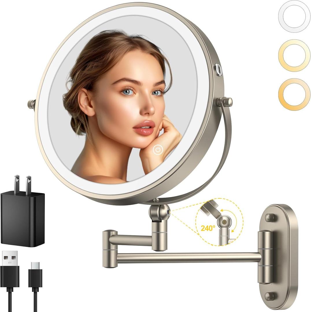 9" Wall Mounted Lighted Makeup Mirror, 4000mAh Rechargeable Double Sided 1X/ 10X Magnifying Mirror with Light, 3 Color Lights, Touch Dimmable, Extended Arm 360 Rotation Wall Mounted Makeup Mirror
