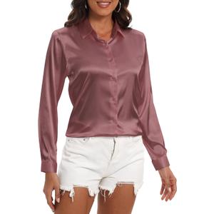 COUXILY Womens Satin Button Down Shirt Business Casual Long Sleeve Silk Blouse Collared Curved Hem Slim Fit Office Work Tops (Small)