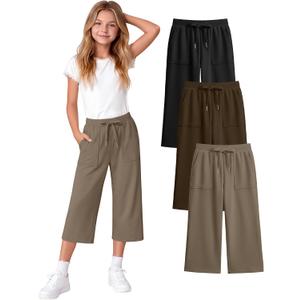 3 Pack Girls' Capri School Pants | Straight Leg, Athletic, Casual, Cropped Sweatpants, with Pockets, Summer, Loose, Back to School, Joggers, for Girls 5-14Y