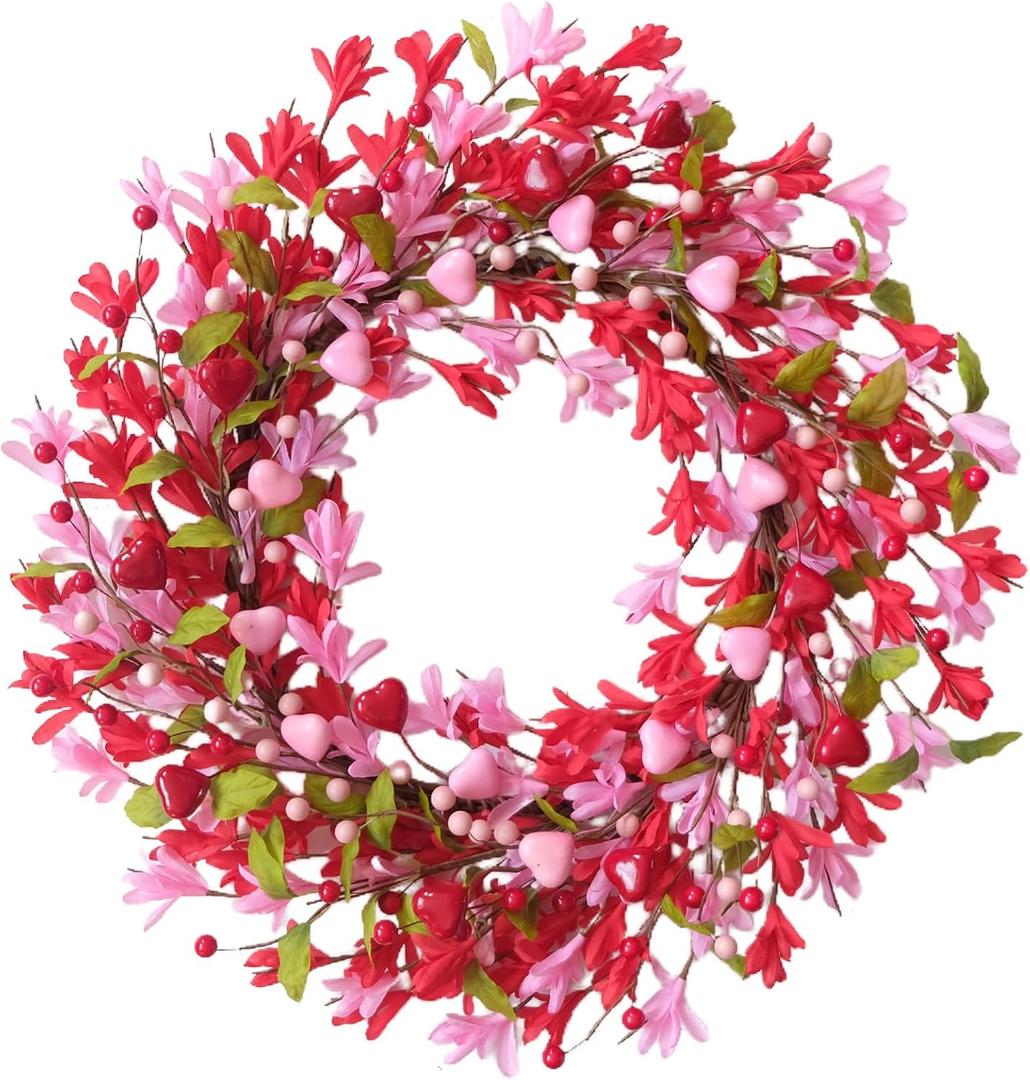 Bibelot Valentine's Day Wreath, 18 Inch Valentines Day Wreaths for Front Door, Romantic Pink & Red Heart Berry Forsythia Flowers for Wedding Anniversary Holiday Decorations
