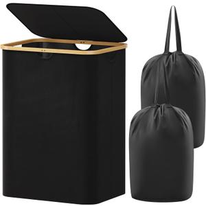 Lifewit 150L Laundry Basket with Lid, Clothes Hampers with Bamboo Handles and 2 Removable Bags, Large Foldable Laundry Hamper for Bedroom, Bathroom, Dorm, Black