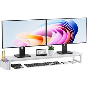 Dual Monitor Stand Riser, 41.5'' Extra Long Wood Monitor Stand Desktop Organizer with Side Pocket, Ergonomic Monitor Riser Supports 2 Monitors,TV,Laptop,Printer for Home Office, White