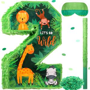 Jexine 3 Pcs 16 Inch Animal Number 2 Piñata Jungle Animals Number Two Piñata with Blindfold Bat and Confetti for Boy Zoo Themed 2nd Birthday Celebration Party Supplies