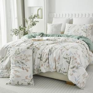 Helthep Floral Duvet Cover Full, 100% Cotton Green Leaves Printed Duvet Cover Floral Pattern Comforter Cover, 3PCS Reversible Green Botanical Flower Bedding Set for Full Size Bed(No Comforter)