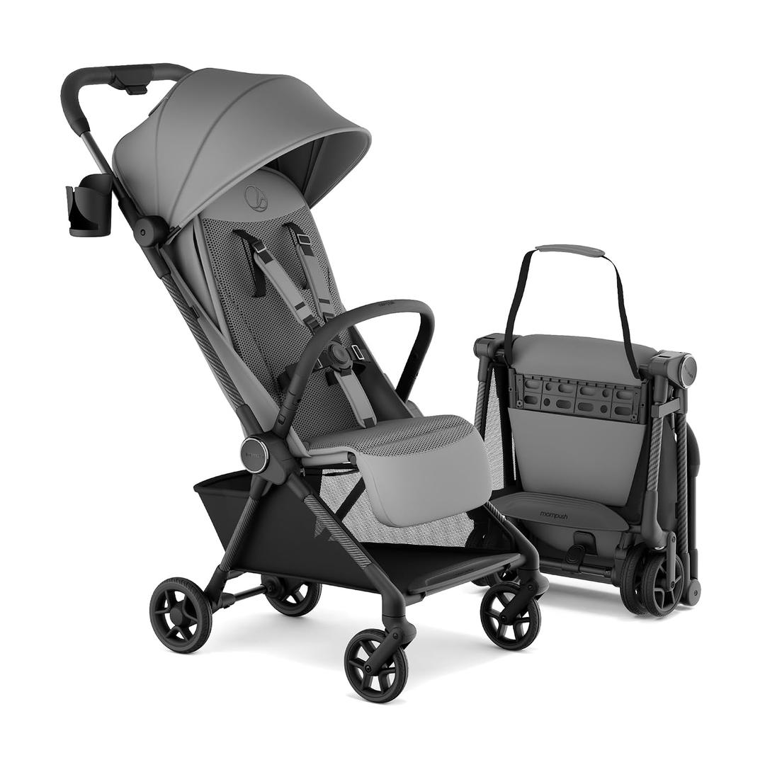 Mompush Nexis Carbon Travel Stroller, Ultra-Lightweight 11.5 lbs, Compact & Airplane Carry-On Approved, One-Second Auto-Fold, One-Hand Full Recline, from Birth to 50 lbs, JPMA Certified, Grey
