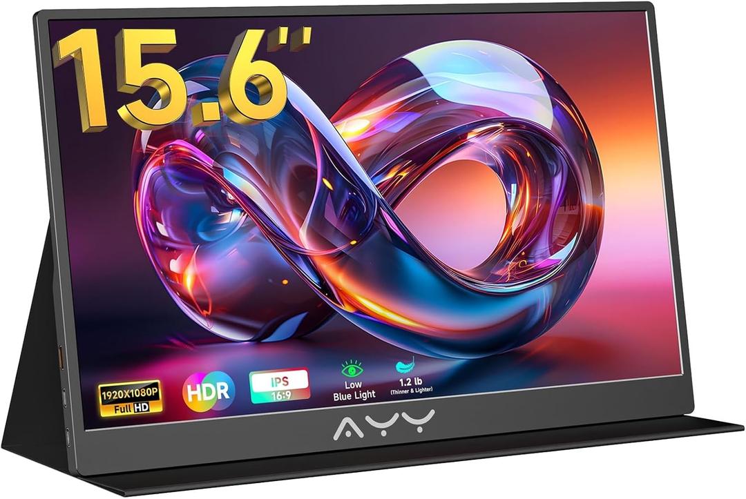 AYY Portable Monitor 15.6inch 1080P FHD USB-C, HDMI Computer Display HDR IPS Gaming Monitor w/Premium Smart Cover & Screen Protector, Speakers, for Laptop PC MAC Phone PS5 Xbox Switch, Black
