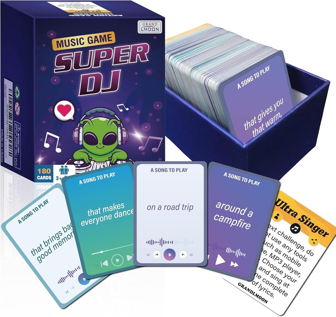 Super DJ Play Your Best Song Card Game, Music and Karaoke Party Game for Adults and Teens(180 Prompts & Action Cards)