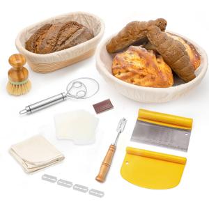 CODOGOY Banneton Bread Proofing Basket Set, Sourdough Bread Baking Supplies with 9" Round & 10" oval Handmade Natural Rattan Proofing Basket and Complete Bread Making Tools