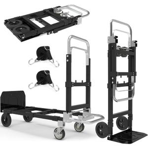 3 in 1 Heavy Duty Folding Hand Truck, Convertible Portable Steel Dolly with Telescopic Handle, Foldable Utility Cart with Rubber Wheels, 500 LBS