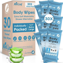 XL Deodorizing Body Wipes | Men's Extra Soft Washcloths Shower Alternative | Great for Workout Travel Gym Camping | 30 Individually Wrapped Shower Wipes | with Vitamin E Aloe Scent